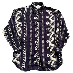 Vtg Haupt 100% Silky Viscose Button Shirt Men M 15.75 Navy Graphic Print Germany